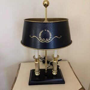 Mid-Century Bouillotte Double Candle Brass Lamp | Black Tole Shade with Laurel L